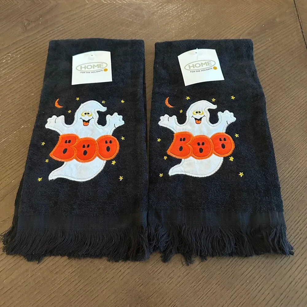 Home For The Holidays Halloween Ghost Boo Hand Towels Black Fringe Set of 2 NEW